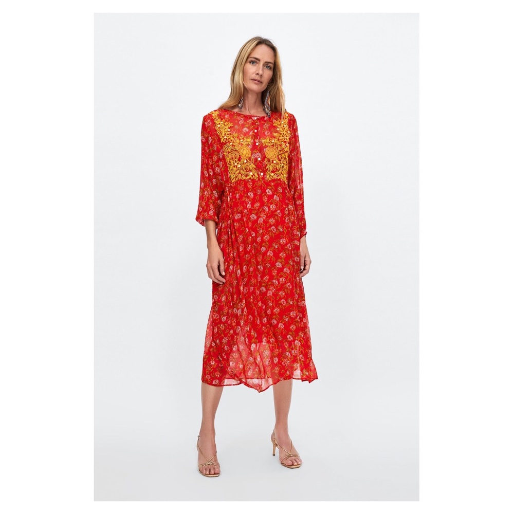 Zara Red Flowy Embroidered Dress
